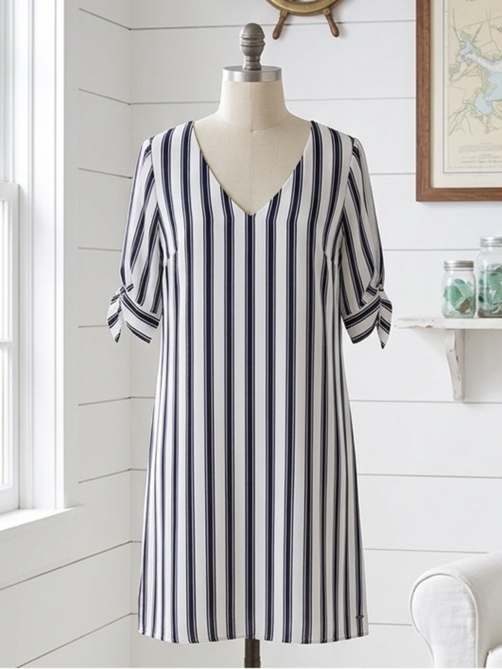 Tommy Hilfiger| Navy & White Striped V-Neck Midi Dress w/ Short Tie Sleeves Sz M